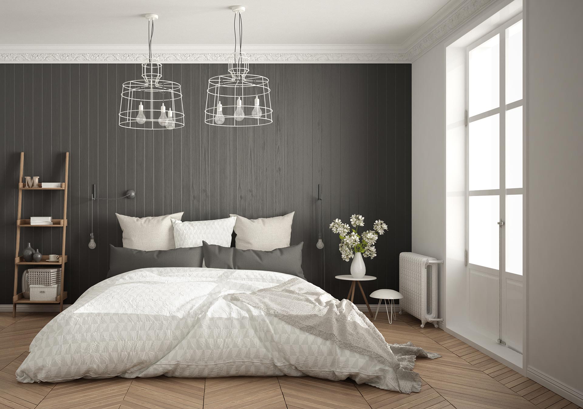 Parkettboden mit Charme - moderne Holzböden im sanierten Altbau Schlafzimmer im Altbau - modern - mit Parkettboden